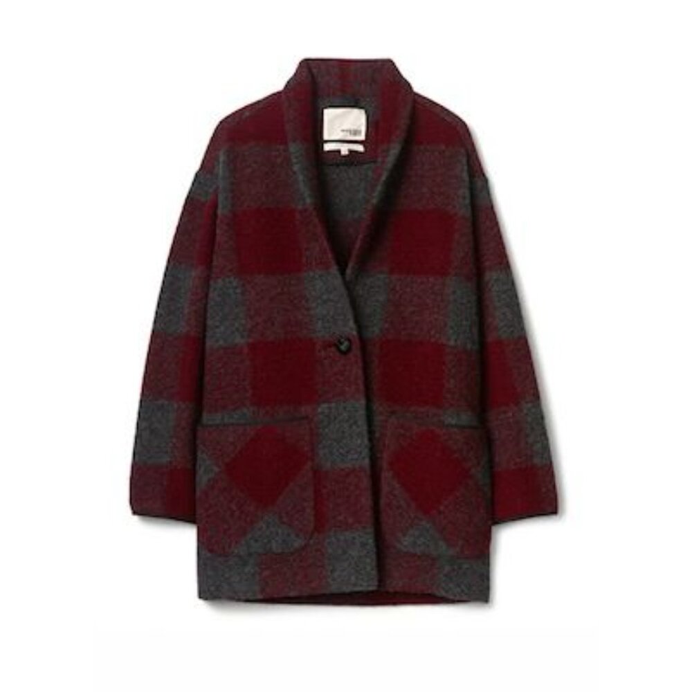 Wilfred Red and Gray Plaid Shawl Collar Trench Coat